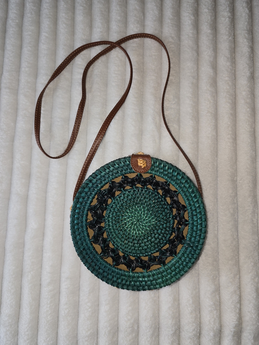 Handwoven Green Round Crossbody Bag with Brown Strap